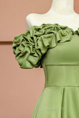 Green Satin Floor Length Evening Prom Dresses, Off The Shoulder Evening Party Dresses