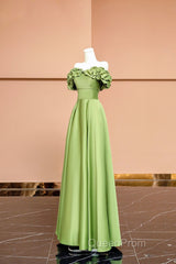 Green Satin Floor Length Evening Prom Dresses, Off The Shoulder Evening Party Dresses