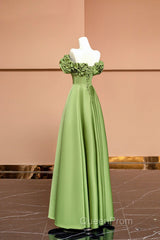 Green Satin Floor Length Evening Prom Dresses, Off The Shoulder Evening Party Dresses