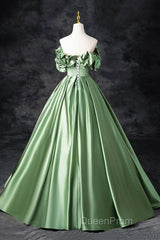 Green Satin Long A-Line Party Dresses, Off The Shoulder Formal Evening Dresses