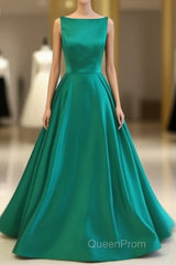Green Satin Long Evening Prom Dresses, Green Evening Dresses