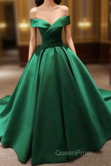 Green Satin Evening Prom Dresses Long Off The Shoulder Ball Gowns Quinceanera Dresses