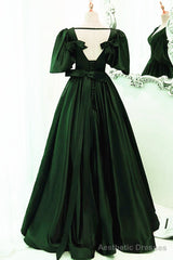 Green Satin Short Sleeves Long Party Dress, Green Floor Length Evening Dress Prom Dress