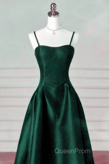 Green Satin Simple A-Line Floor Length Party Dresses, Green Satin Straps Evening Prom Dresses