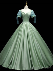 Green Satin Square Short Sleeve Button Quinceanera Dress
