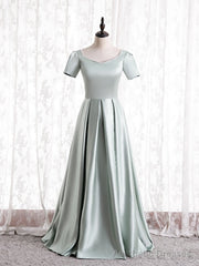 Green Satin Square Short Sleeve Prom Dress