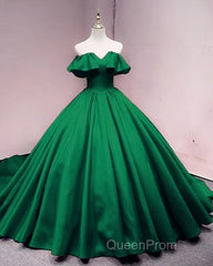 Green Satin Sweetheart Off Shoulder Ball Gown Long Sweet 16 Dresses, Green Quinceanera Dresses