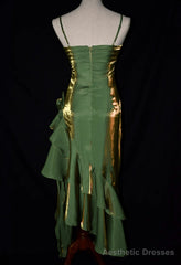 Green Satin Vintage Style High Low Party Dress, Mermaid Spaghetti Strap Dress Formal Dress