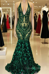 Green Sequinned Lace Rosette Mermaid Dresses