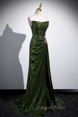 Green Sequins Long Mermaid Evening Prom Dresses, Green Lace-Up Party Dresses With Slit