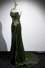 Green Sequins Long Mermaid Evening Prom Dresses, Green Lace-Up Party Dresses With Slit