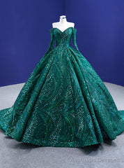 Green Sequins Long Sleeve Off the Shoulder Prom Dress