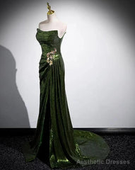 Green Sequins Mermaid Long Prom Dress with Leg Slit, Green Sequins Party Dress