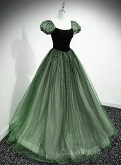 Green Shiny Tulle Short Sleevse Long Formal Dresses, Green A-Line Evening Prom Dresses Party Dresses