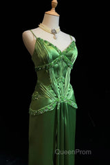 Green Spaghetti Strap Sheath Satin Beaded Evening Prom Dresses Evening Gown