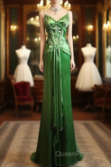 Green Spaghetti Strap Sheath Satin Beaded Evening Prom Dresses Evening Gown