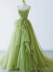 Green Spaghetti Strap Tulle Appliques Prom Dress