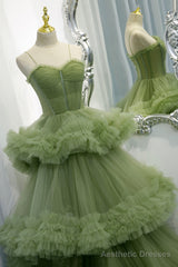 Green Spaghetti Straps Tulle Layers Long Formal Dress, Green Evening Party Dress