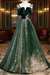 Green Straps Velvet Long Lace Evening Prom Dresses