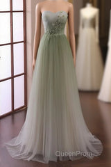 Green Sweetheart Gradient Beaded Tulle Floor Length Party Dresses, Green Junior Evening Prom Dresses