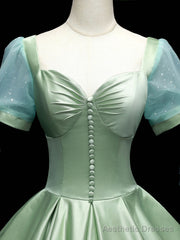 Green Sweetheart Neck Satin Long Prom Dresses, Green Sweet 16 Dresses