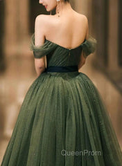 Green Tulle A-Line Off Shoulder Evening Prom Dresses, Green Tull Long Formal Dresses Evening Dresses