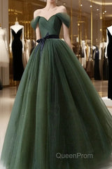 Green Tulle A-Line Off Shoulder Evening Prom Dresses, Green Tull Long Formal Dresses Evening Dresses
