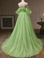 Green Tulle Beading Off Shoulder Sparkle Evening Prom Dresses