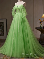 Green Tulle Beading Off Shoulder Sparkle Evening Prom Dresses