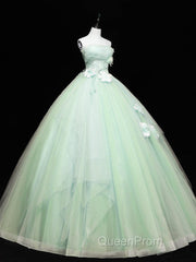 Green Tulle Lace Applique Long Evening Prom Dresses, Green Sweet 16 Dresses