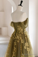 Green Tulle Lace Long Prom Dress, A-Line Off the Shoulder Evening Dress
