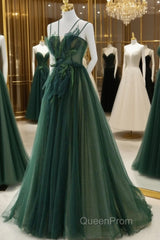 Green Tulle Long A-Line Evening Prom Dresses, Beautiful Spaghetti Straps Evening Dresses