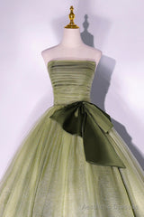 Green Tulle Long A-Line Prom Dress, Green Strapless Evening Gown