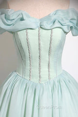 Green Tulle Long A-Line Evening Prom Dresses, Lovely Off The Shoulder Evening Party Dresses