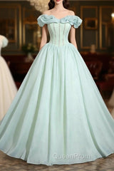Green Tulle Long A-Line Evening Prom Dresses, Lovely Off The Shoulder Evening Party Dresses