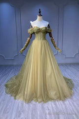 Green Tulle Long Prom Dress, Off the Shoulder Evening Graduation Dress