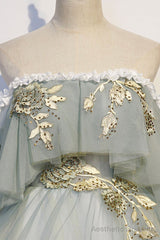 Green Tulle Long Prom Dress with Lace, Off the Shoulder Evening Gown