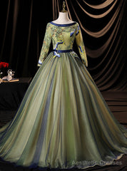 Green Tulle long Sleeve Embroidery Appliques Quinceanera Dress