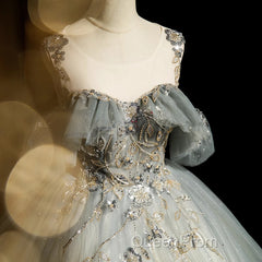 Green Tulle Off Shoulder Ball Gown Beaded Sweet 16 Dresses, Green Tulle Formal Dresses