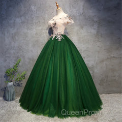 Green Tulle Off Shoulder Long Formal Dresses With Lace, Sweet 16 Gown