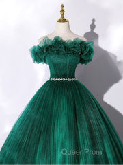 Green tulle off shoulder long Evening Prom Dresses green tulle formal gown