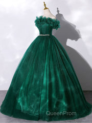 Green tulle off shoulder long Evening Prom Dresses green tulle formal gown