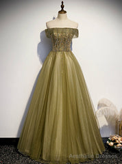Green Tulle Off the Shoulder Beading Prom Dresses