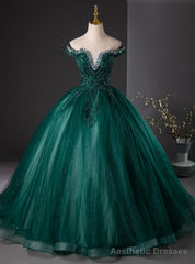 Green Tulle Sequins Off the Shoulder Beading Quinceanera Dress