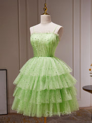 Green Tulle Short Evening Prom Dresses, Cute Green Homecoming Dresses