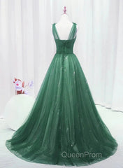 Green Tulle V Neck Beading Appliques Evening Prom Dresses
