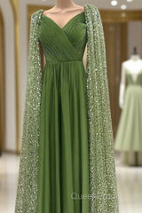 Green Tulle V-Neck Dresses With Beaded Cape