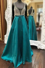 Green V Neck Sequin Long Evening Prom Dresses, Green Evening Dresses