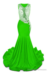 Green V-Neck Sheer Corset Prom Dresses Beaded Mermaid Long Train Evening Gowns