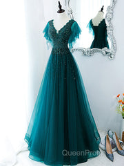 Green v neck tulle beads long Evening Prom Dresses, green tulle formal Dresses